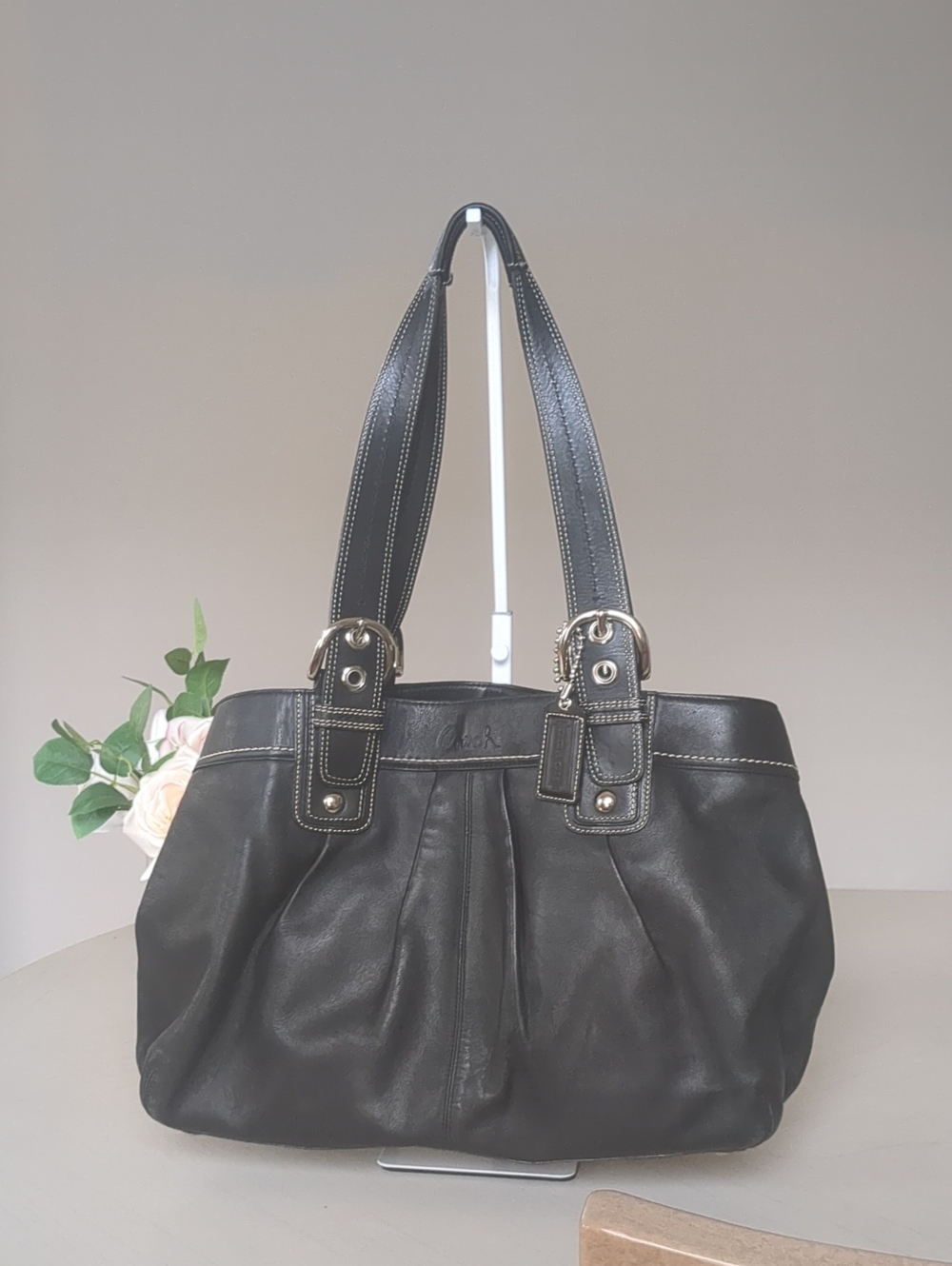 Coach Soho Pleated  Leather Black Large Tote Purse Handbag F13733